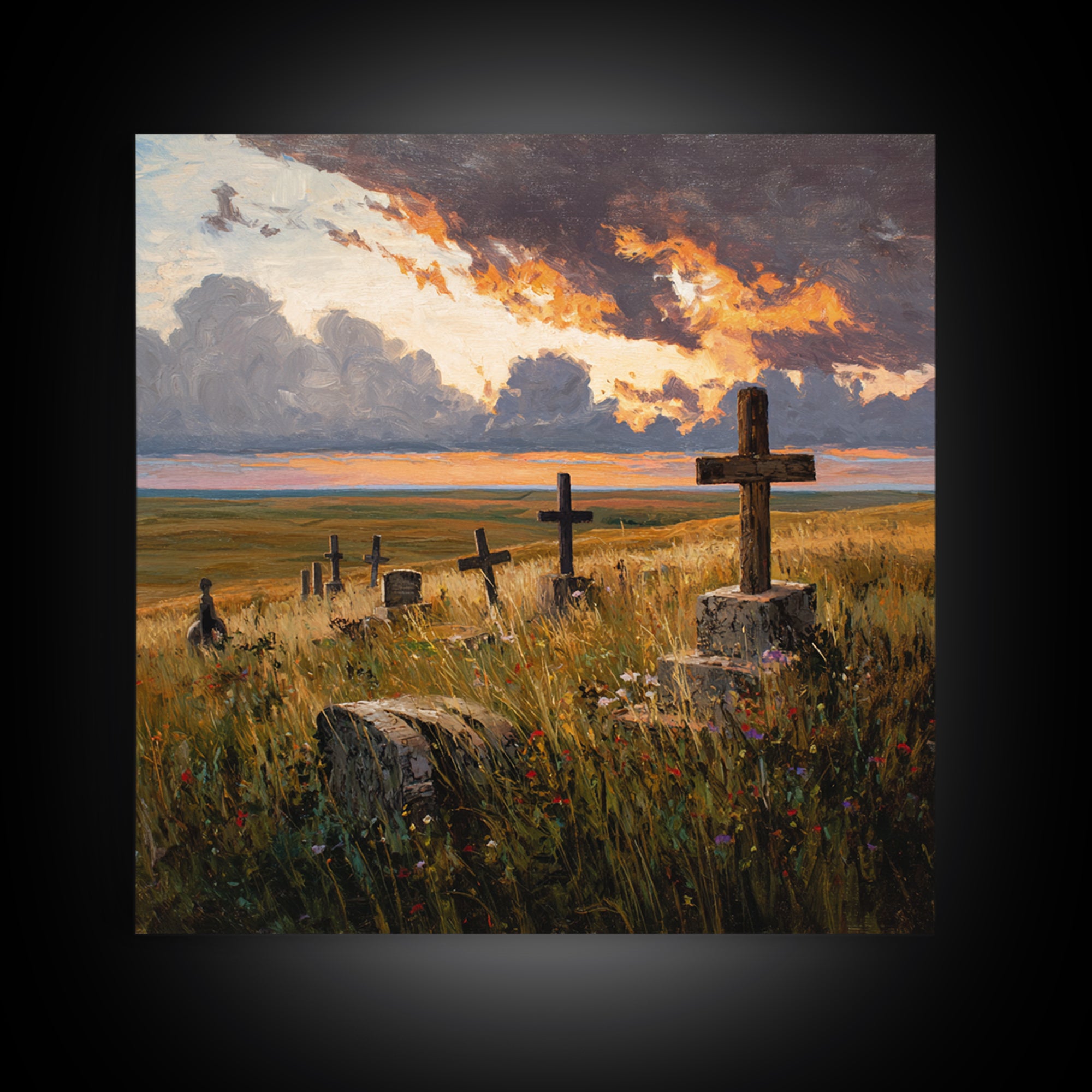 Moody Sunset Graveyard Landscape Wall Art, Dramatic Sky Rustic Canvas Print, Gothic Dark Academia Decor For Living Room