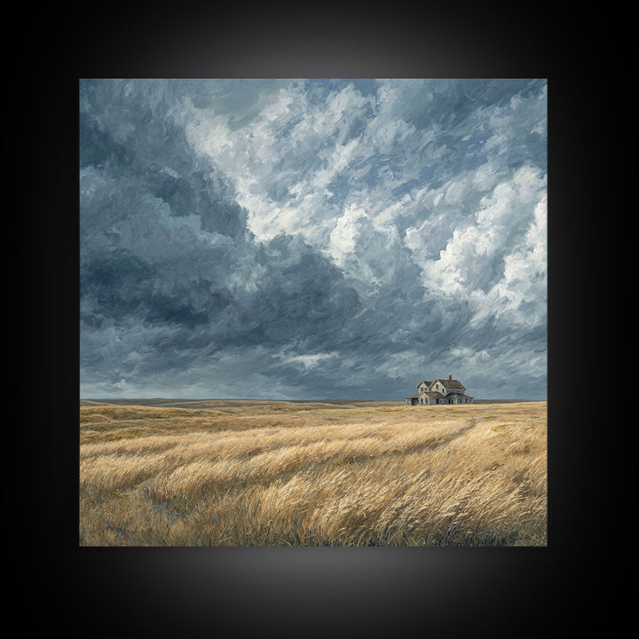 Moody Prairie House Stormy Sky Landscape Wall Art, Large Horizontal Canvas Print, Rustic Farmhouse Decor Living Room Art