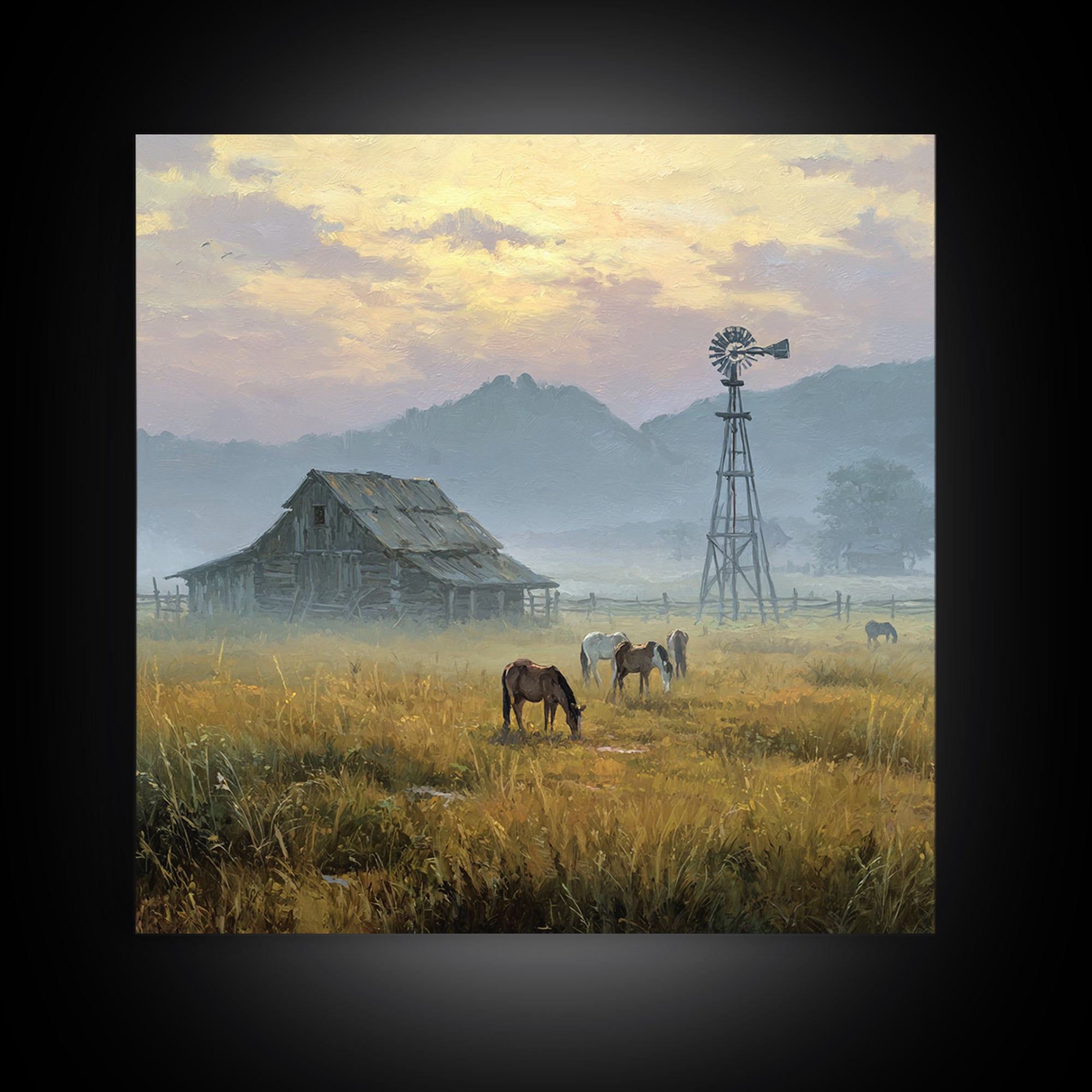 Rustic Barn And Horses Landscape Wall Art Canvas Print, Western Country Decor, Farmhouse Wall Art, Large Living Room Art