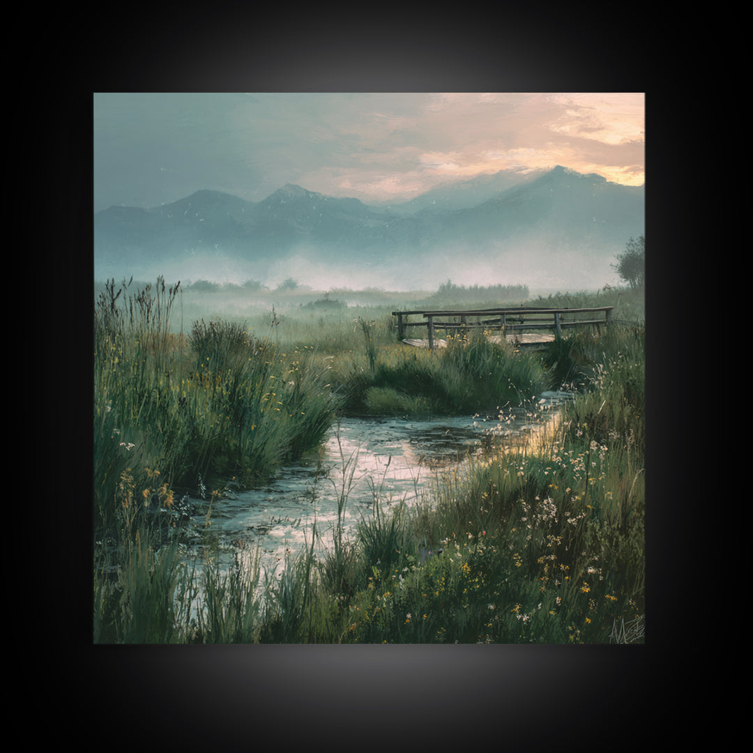 Tranquil Meadow Stream With Wooden Bridge And Mountains Landscape Wall Art Framed Canvas Print For Bedroom Decor