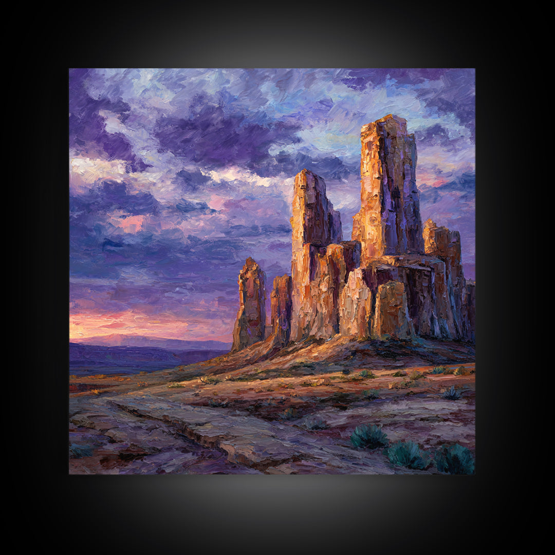Desert Buttes At Sunset Wall Art, Southwestern Landscape Painting, Colorful Rustic Country Decor, Large Western Canvas Print