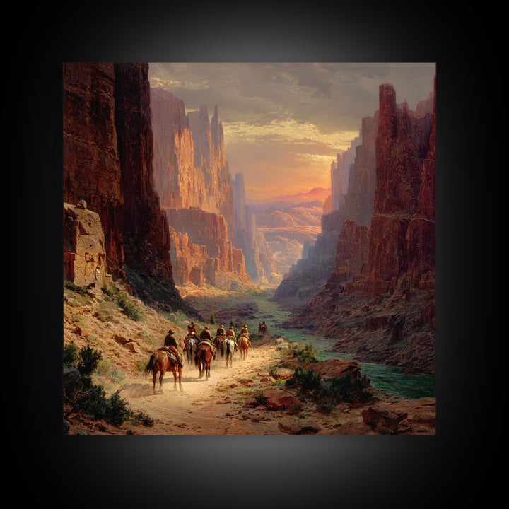 Cowboys Riding Through Canyon At Sunset Wall Art, Western Landscape Painting Print, Rustic Southwest Decor Living Room Art