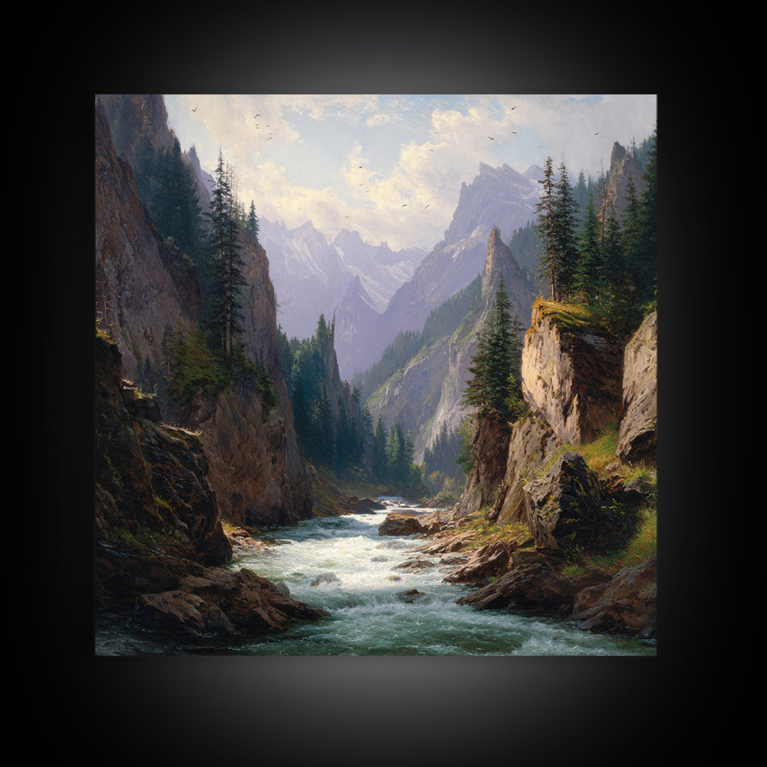 Majestic Mountain River Landscape Oil Painting Wall Art, Large Nature Canvas Print, Rustic Cabin And Living Room Decor