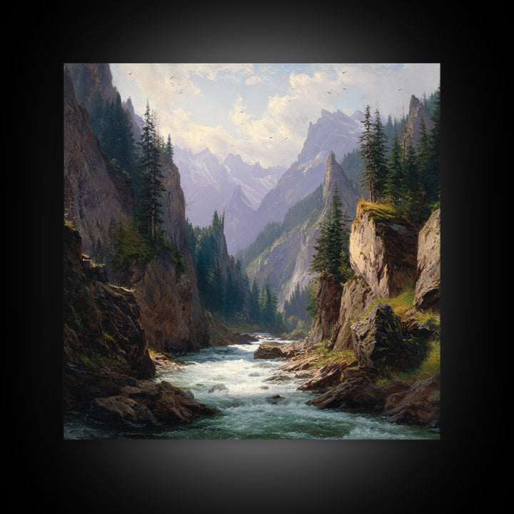 Majestic Mountain River Landscape Oil Painting Wall Art, Large Nature Canvas Print, Rustic Cabin And Living Room Decor