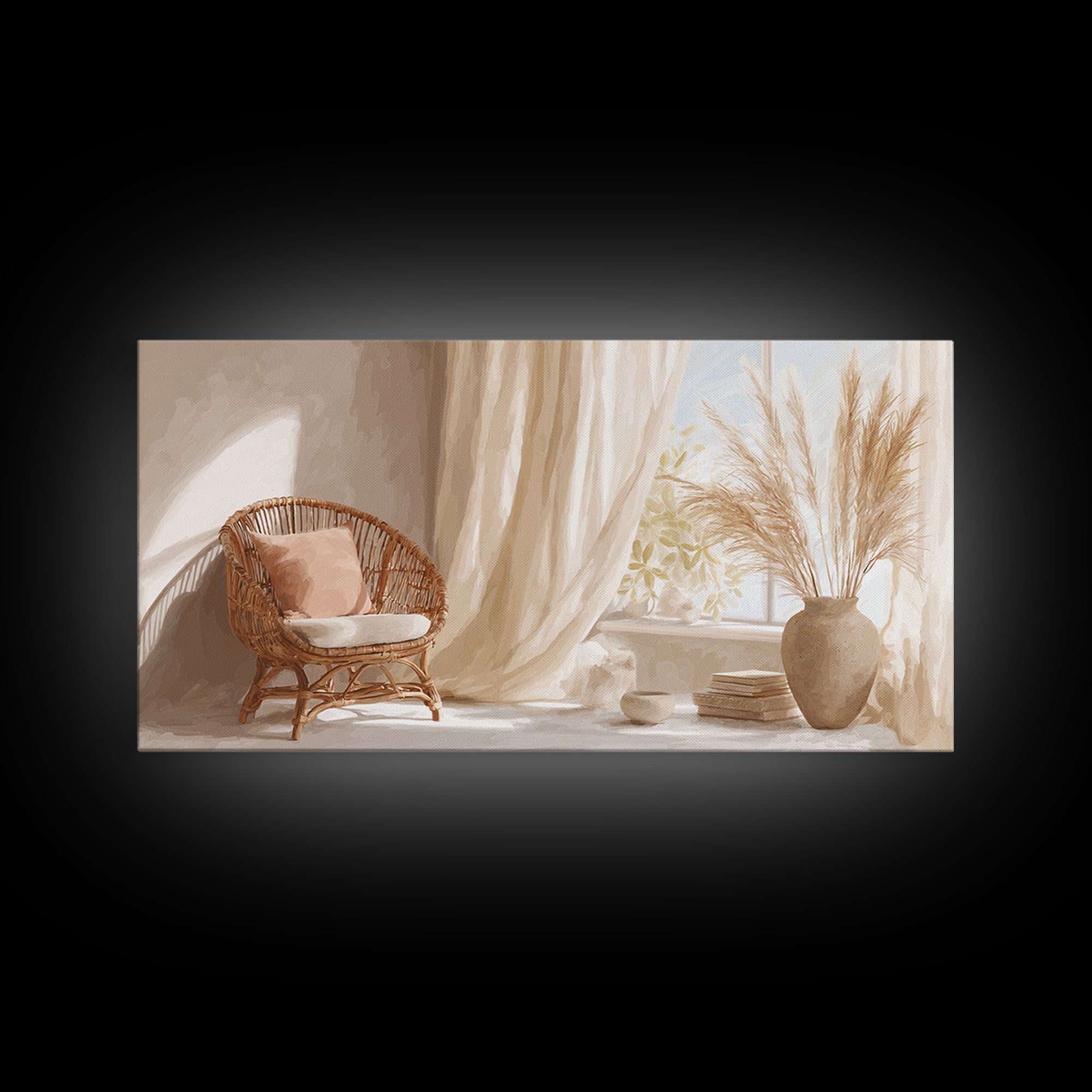 Sunlit Wicker Chair And Pampas Grass Framed Canvas Print, Neutral Boho Wall Decor, Cozy Bedroom Art For Modern Home Decor