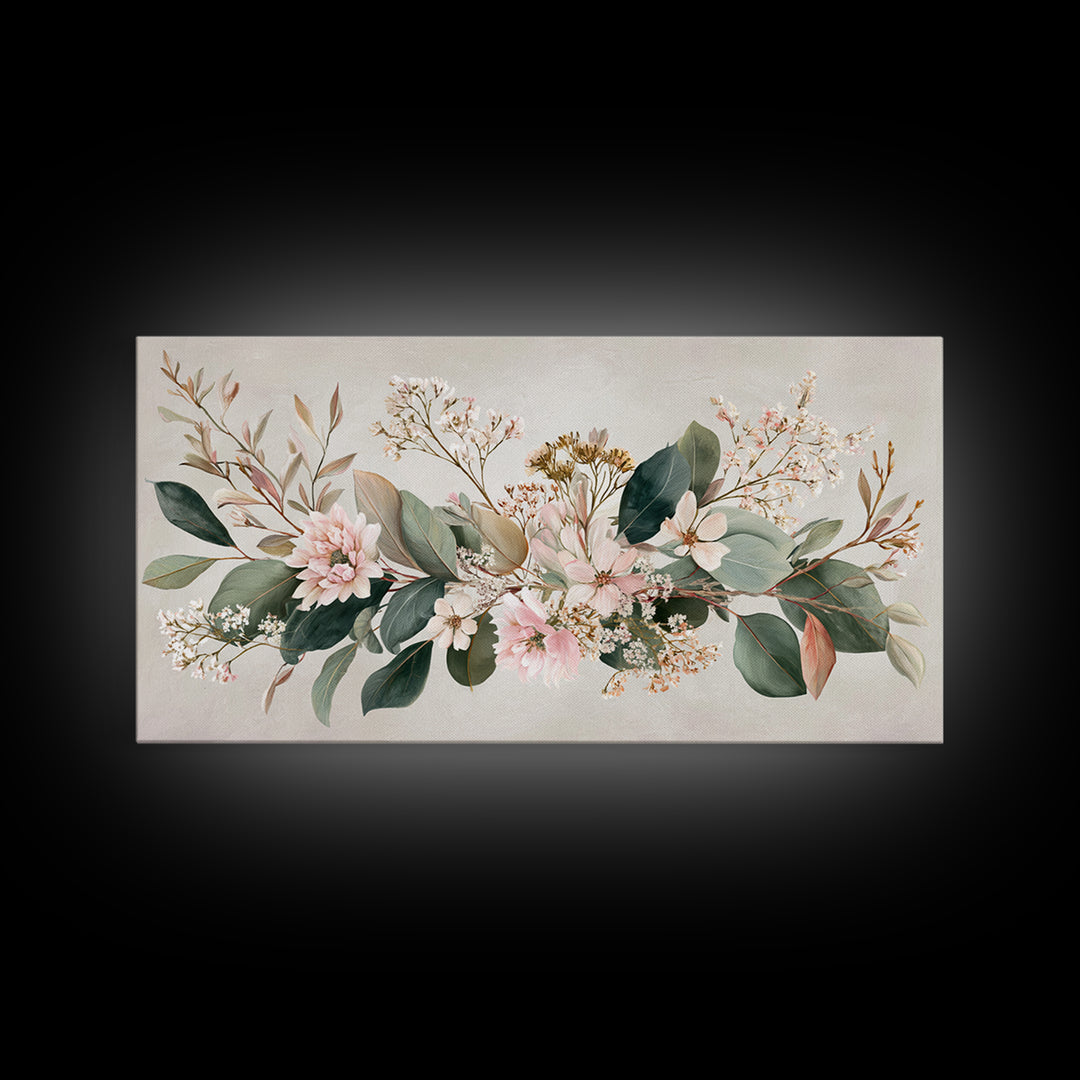 Soft Pink Floral Greenery Canvas Print, Eucalyptus Botanical Wall Decor, Neutral Living Room Art, Modern Farmhouse Decor