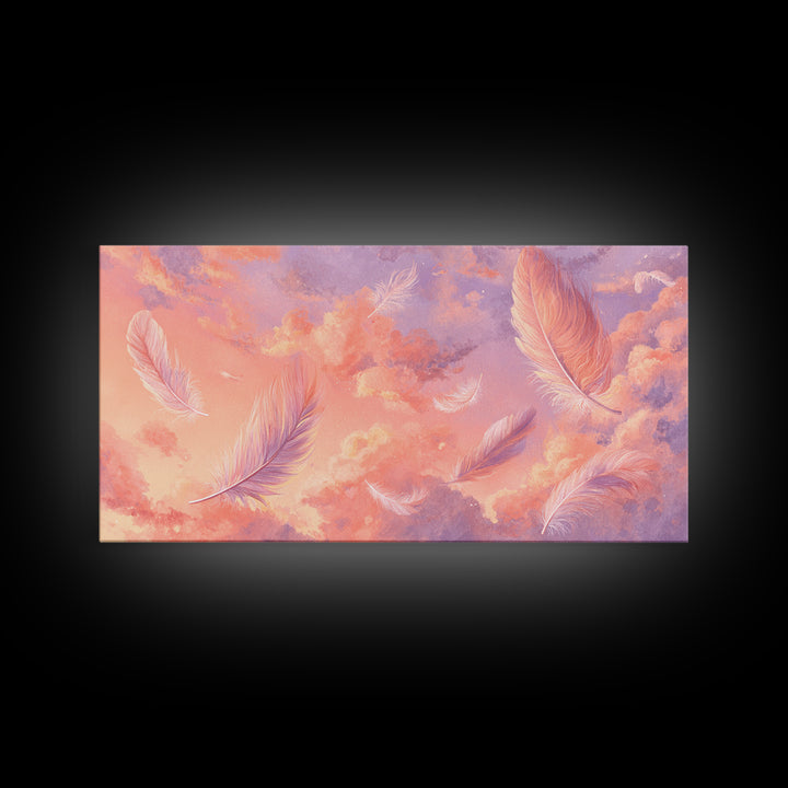 Pink Feather Sky Canvas Print, Dreamy Pastel Cloud Art, Celestial Nursery Decor, Whimsical Bedroom Wall Decor Gift For Her