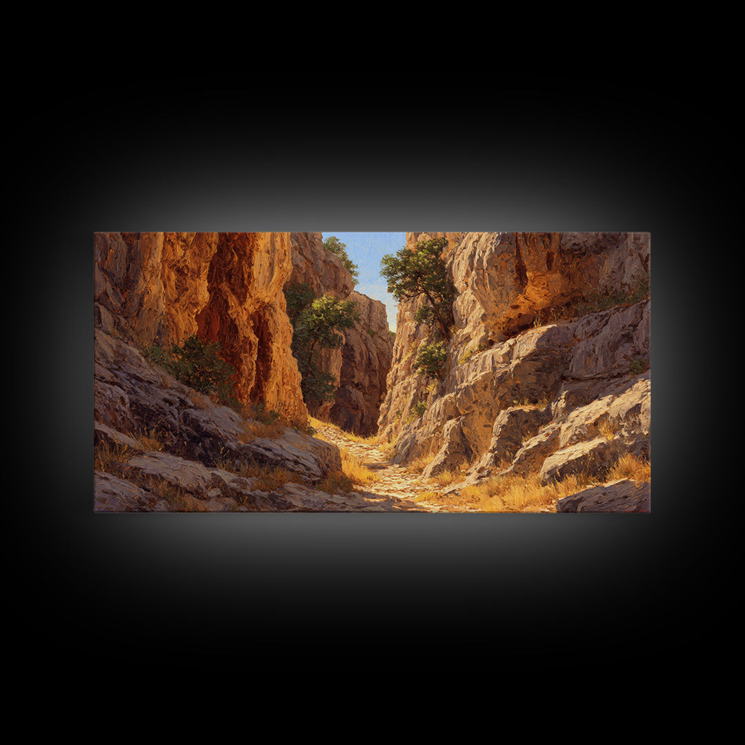 Rustic Canyon Landscape Oil Painting Bright Earth Tone Wall Art Framed Canvas Print Ideal For Living Room Decor Nature Lovers Gift
