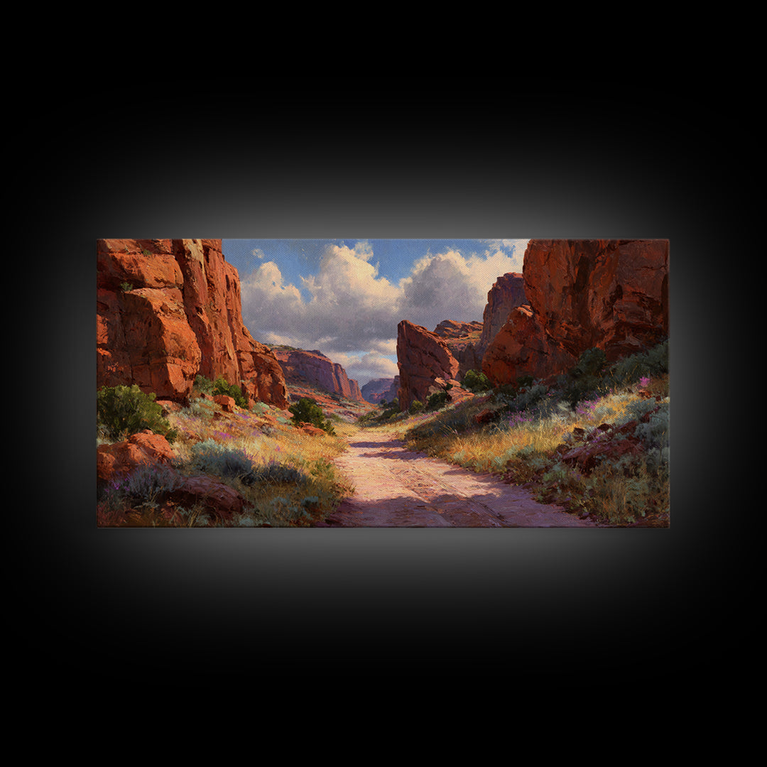 Sunlit Rocky Canyon Landscape With Wildflowers Scenic Wall Art Framed Canvas Print For Rustic Home Decor And Nature Lovers