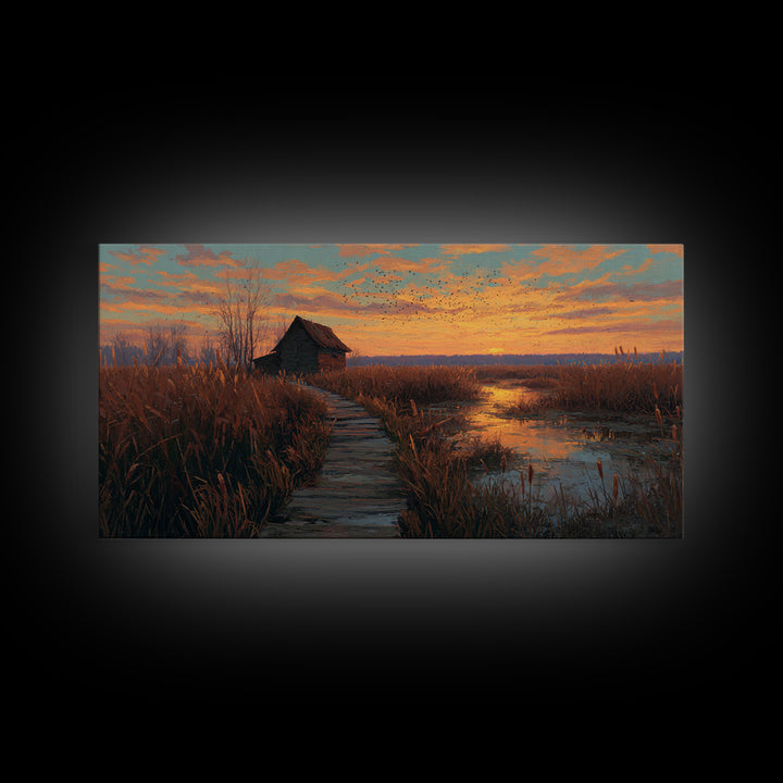 Rustic Autumn Wetland Landscape With Wooden Pathway Original Oil Painting Framed Canvas Print For Cozy Home Decor