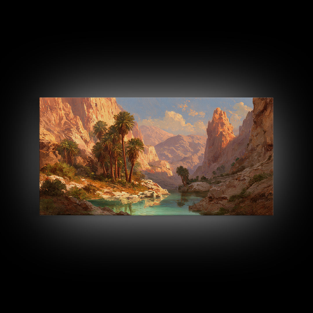 Sunset Mountain Desert Landscape With Palm Trees Oil Painting Canvas Print Large Wall Art For Living Room Modern Home Decor