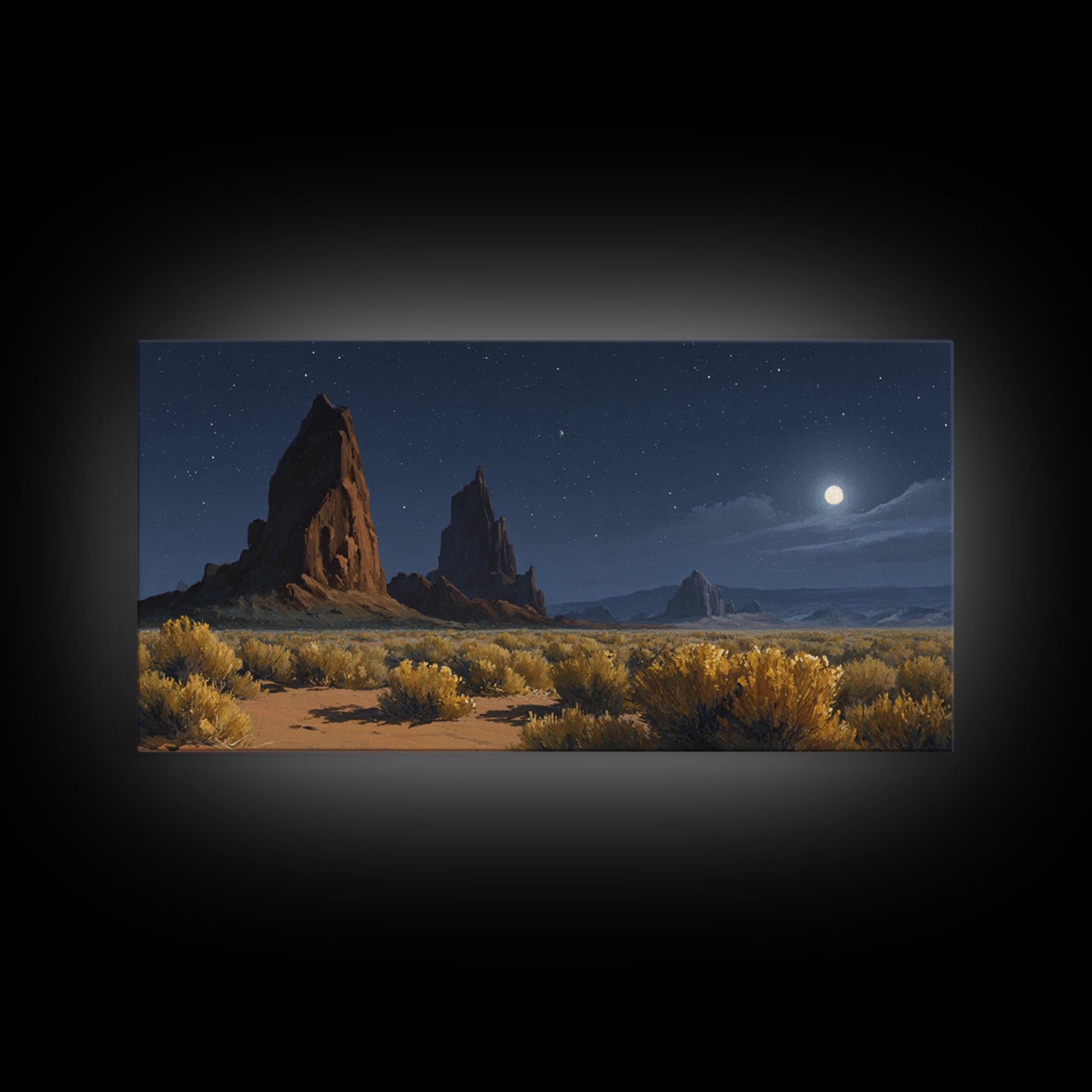 Moonlit Desert Landscape With Majestic Rock Formations And Starry Sky Original Oil Painting Wall Art Canvas Print