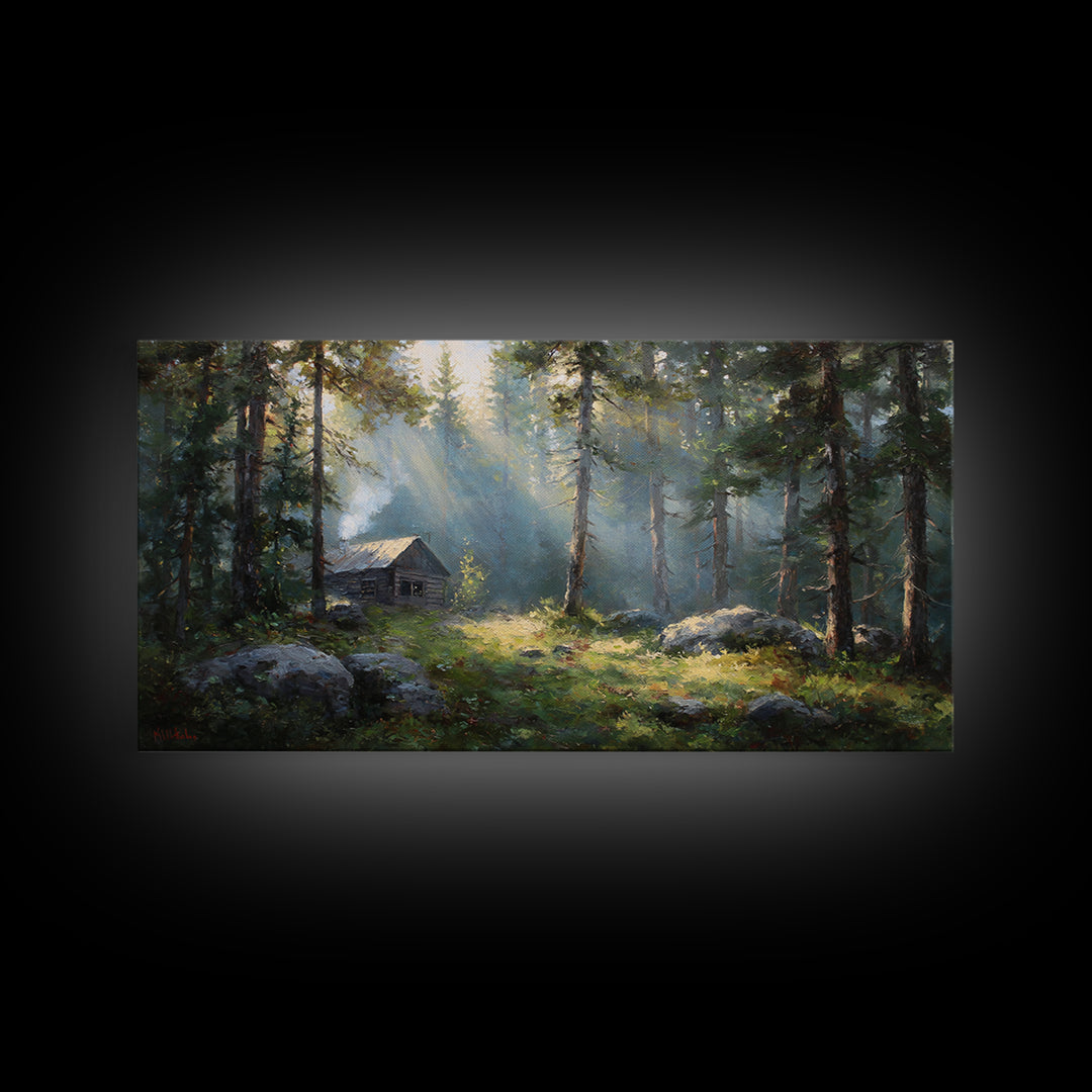 Beautiful Forest Cabin With Sunlight Streaming Through Trees Oil Painting Canvas Print Wall Art