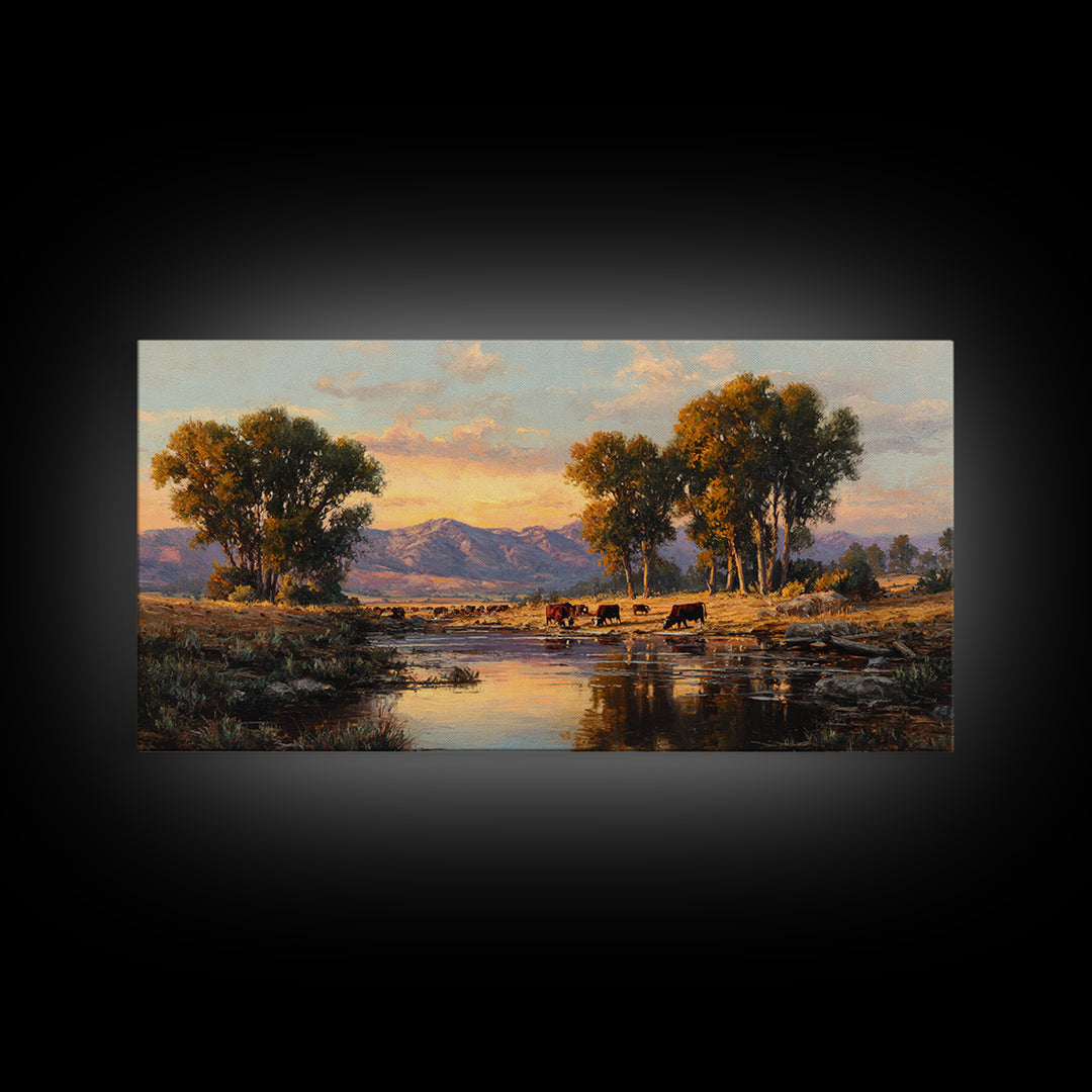 Warm Sunset Over Mountains Large Landscape Wall Art Framed Canvas Print Rustic Nature Home Decor