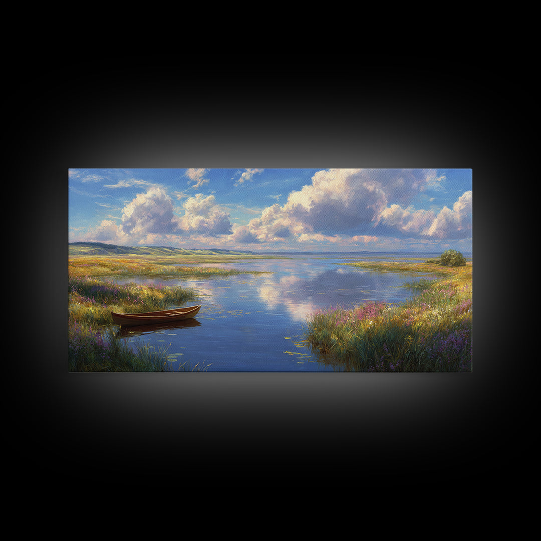 Tranquil Lake Landscape With A Wooden Rowboat in Soft Light Wall Art Framed Canvas Print for Living Room Decor and Home
