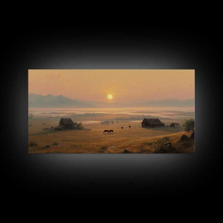 Golden Hour Peaceful Ranch Landscape With Horses Wall Art Framed Canvas Print Rustic Western Decor Original Landscape Home Decor