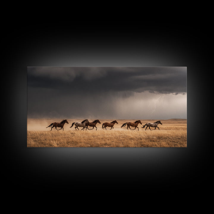 Majestic Wild Horses Running In Field Large Landscape Wall Art Framed Canvas Print Western Farmhouse Decor