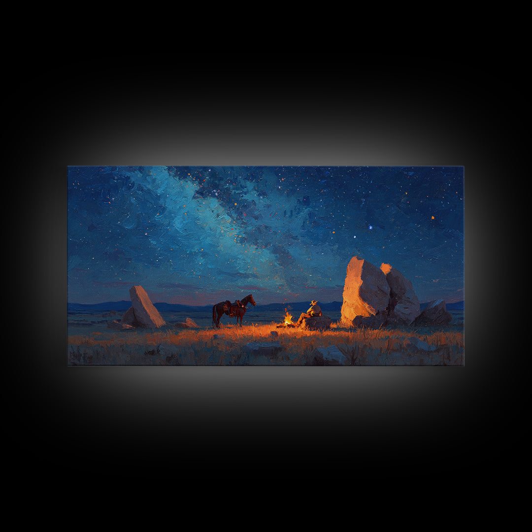 Western Cowboy Night Campfire Scene Oil Painting Canvas Print Large Wall Art Rustic Home Decor