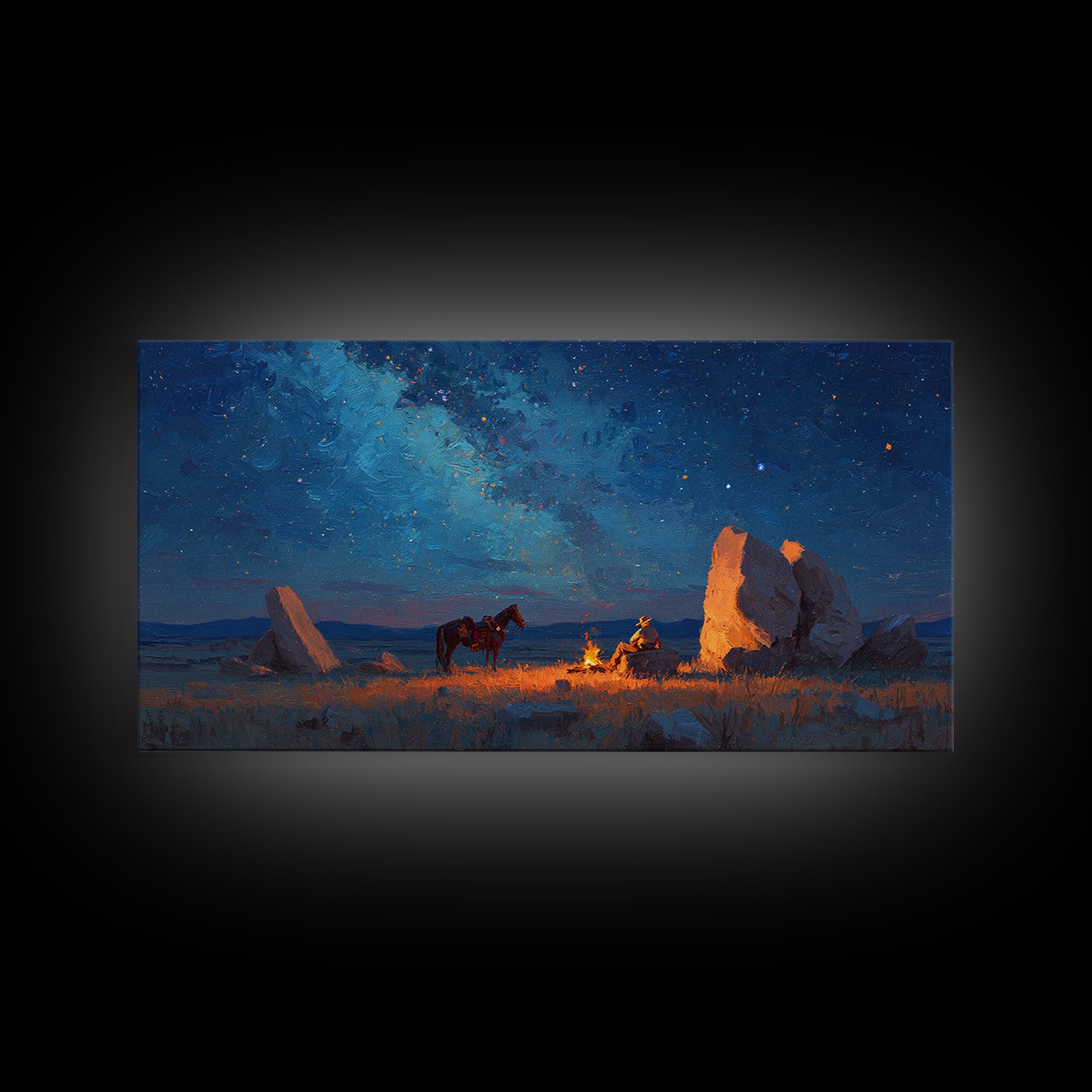 Western Cowboy Night Campfire Scene Oil Painting Canvas Print Large Wall Art Rustic Home Decor