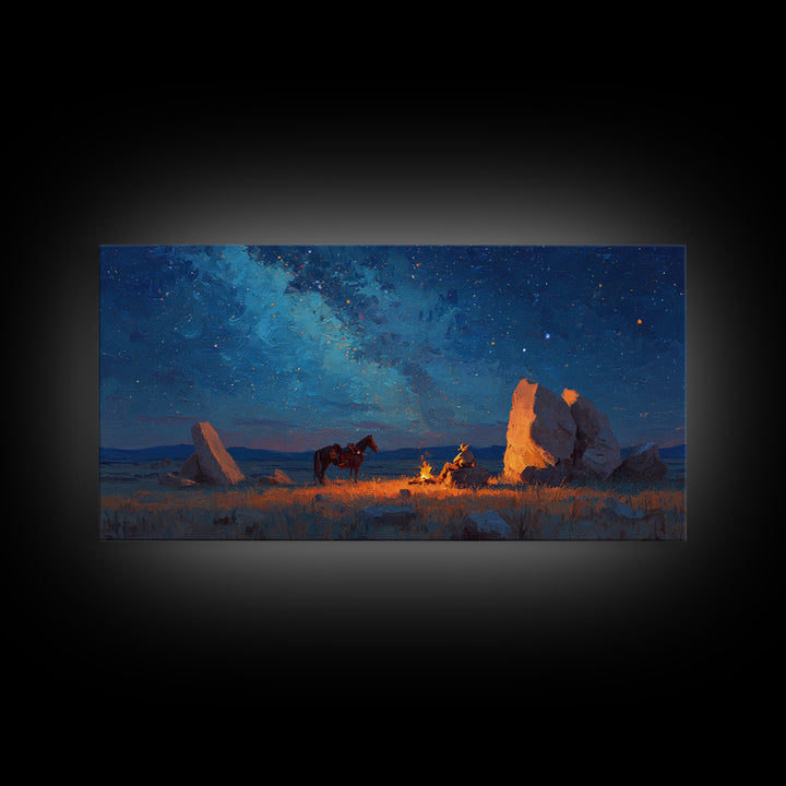 Western Cowboy Night Campfire Scene Oil Painting Canvas Print Large Wall Art Rustic Home Decor