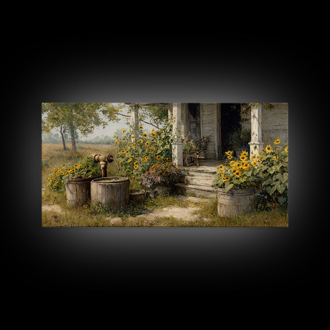 Charming Rustic Farmhouse Sunflower And Well Painting Warm Country Wall Art For Cozy Home Kitchen Decor Canvas Print