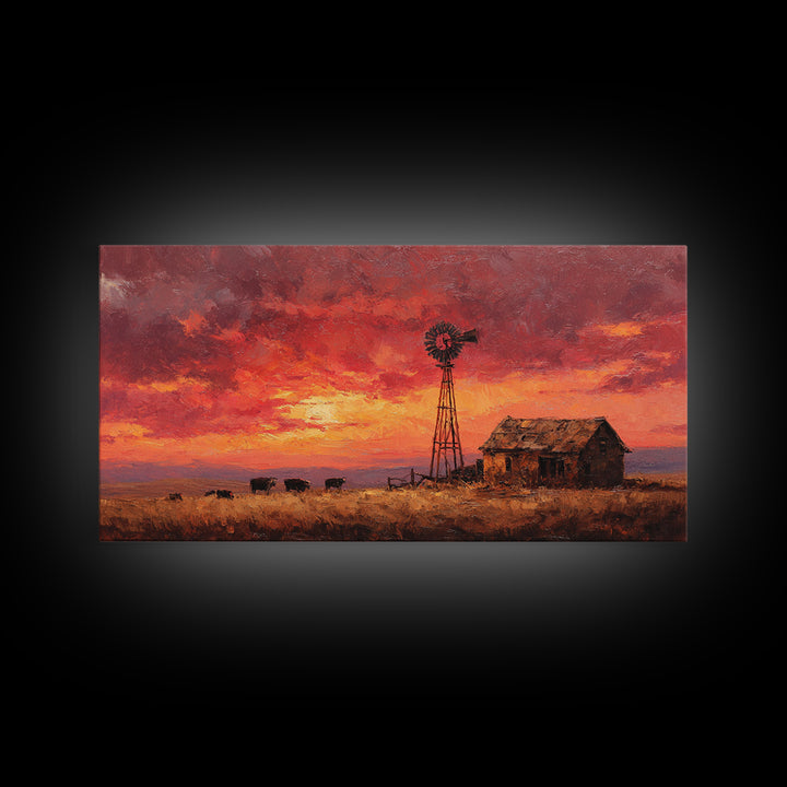Rustic Western Landscape With Windmill And Cows At Glowing Sunset Framed Canvas Print For Farmhouse Decor