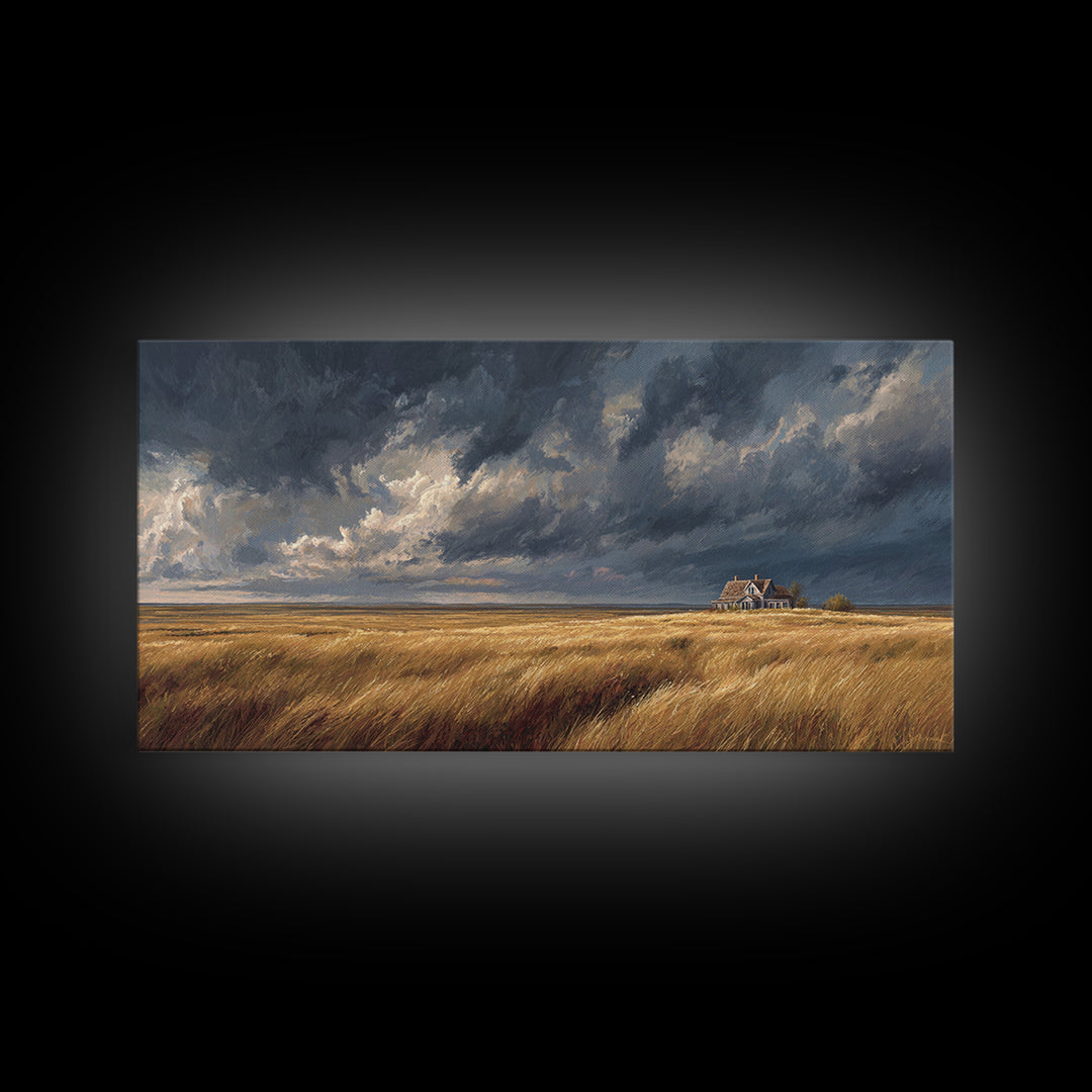 Golden Wheat Field With Rustic House Under Dramatic Sky Landscape Painting Canvas Print For Living Room Decor