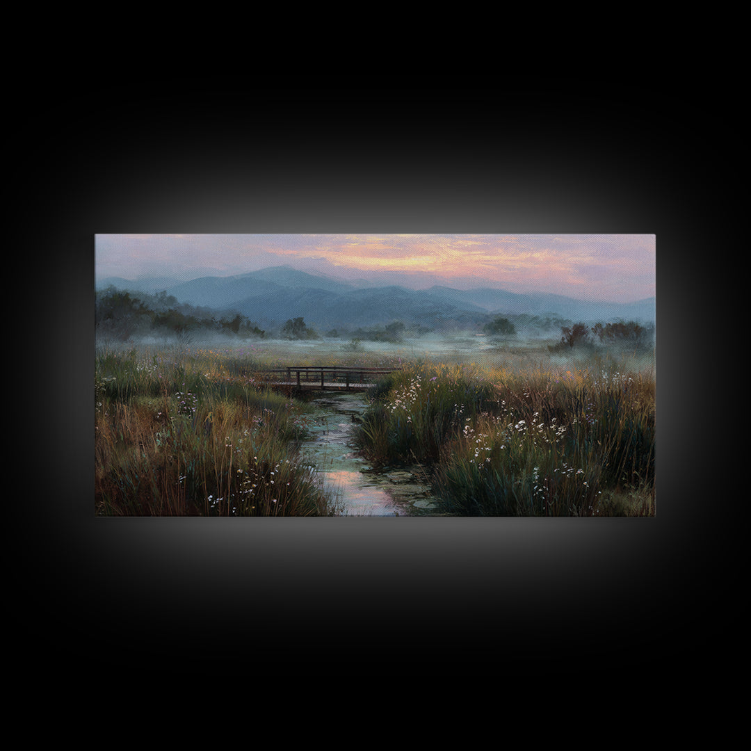 Tranquil Early Morning Meadow Landscape Oil Painting With Bridge Nature Wall Art For Rustic Home Decor Canvas Print
