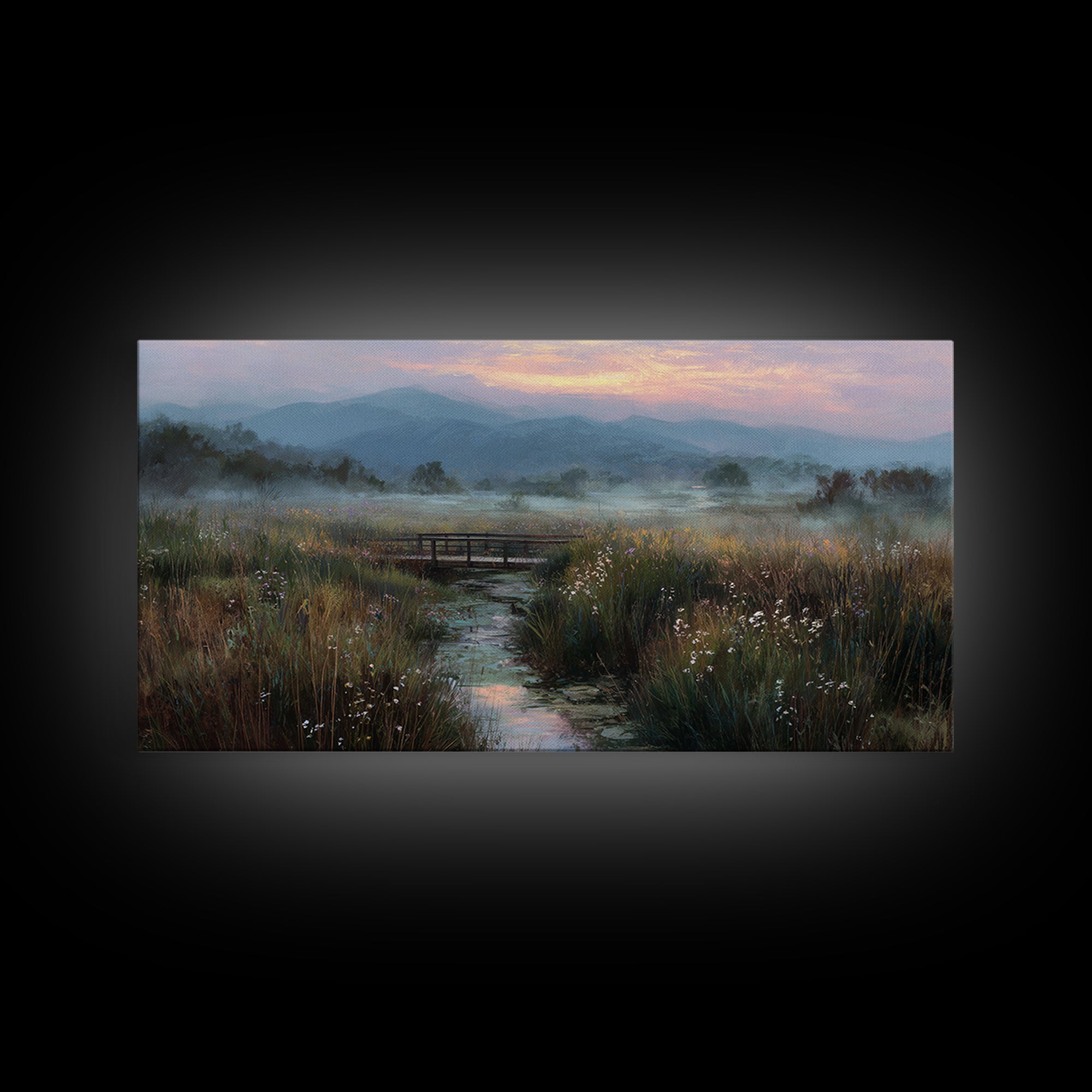 Tranquil Early Morning Meadow Landscape Oil Painting With Bridge Nature Wall Art For Rustic Home Decor Canvas Print