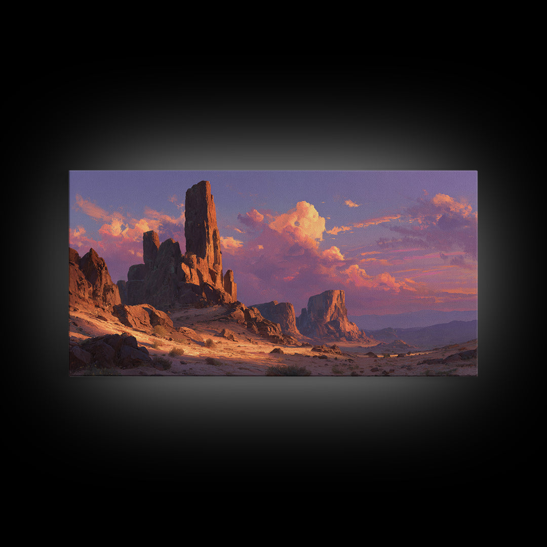 Majestic Desert Rock Formation Under Purple Sky Landscape Wall Art Canvas Print Contemporary Nature Painting Home Decor