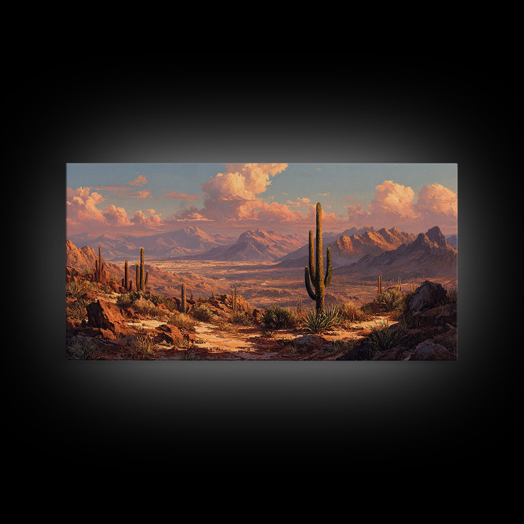Southwestern Desert Landscape With Saguaro Cacti And Mountains Scenic Wall Art Framed Canvas Print Rustic Home Decor