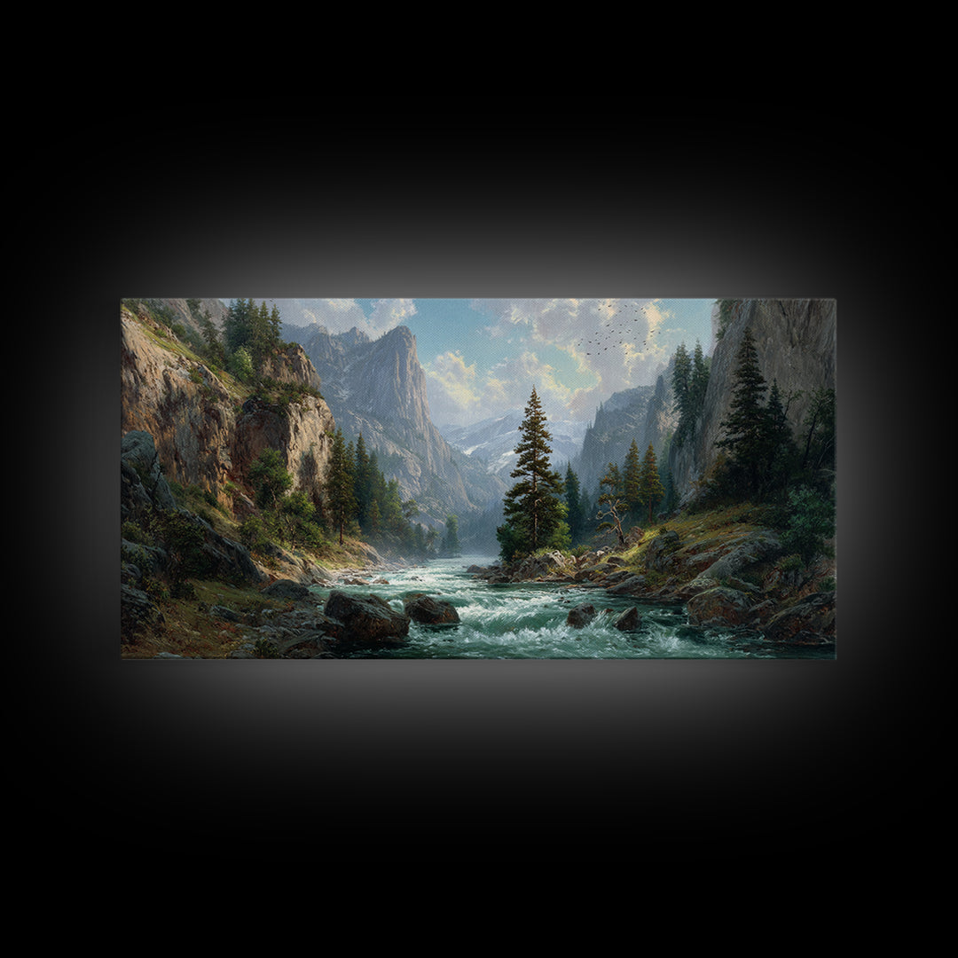 Majestic Mountain River Landscape Painting Large Wall Art Framed Canvas Print Rustic Home Decor Wall Hanging For Living Room Office