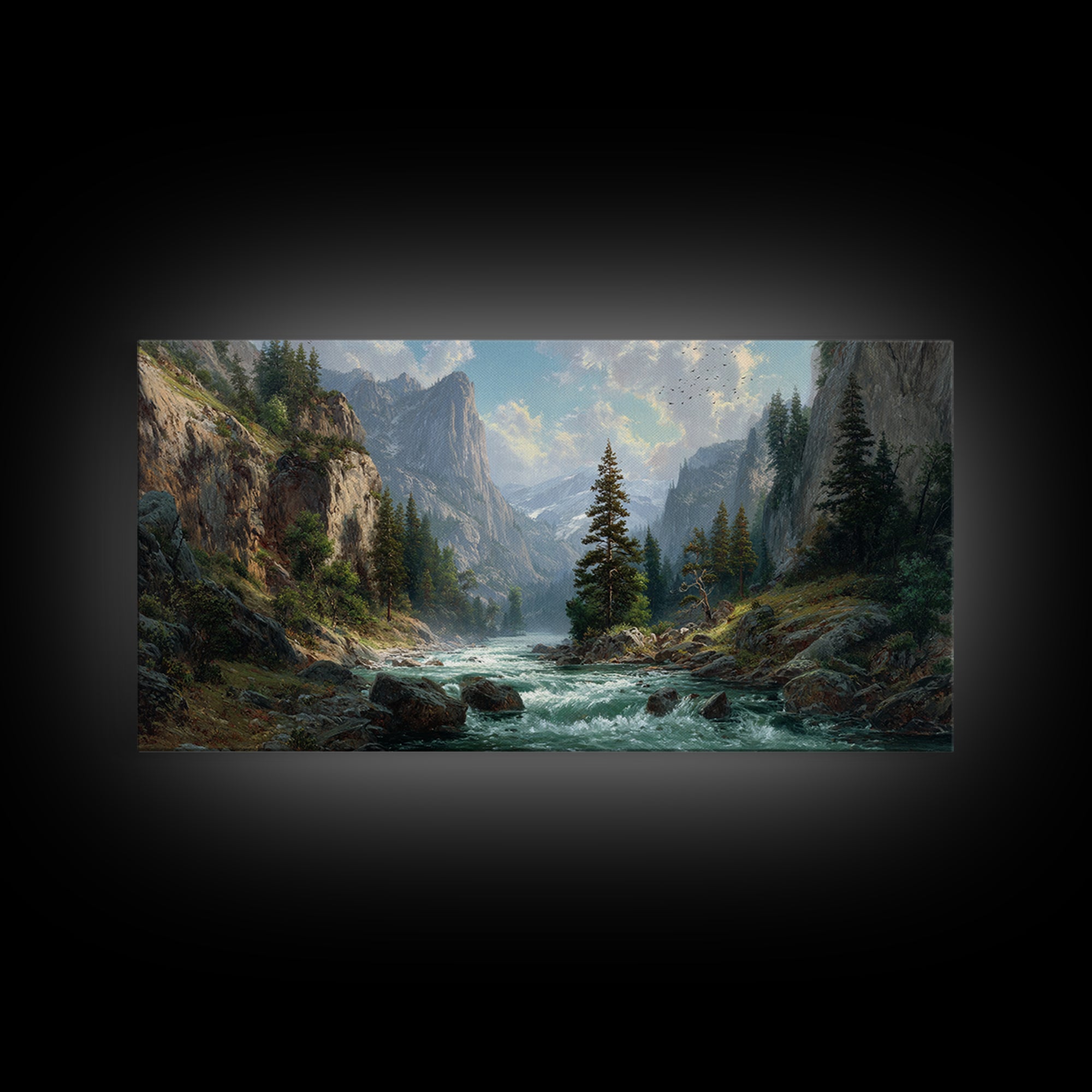 Majestic Mountain River Landscape Painting Large Wall Art Framed Canvas Print Rustic Home Decor Wall Hanging For Living Room Office