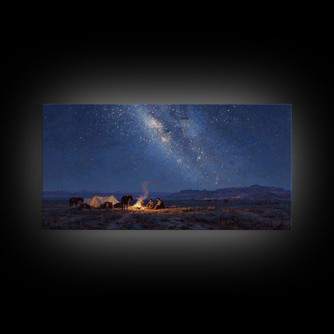 Western Night Landscape Painting With Campfire And Horses Under Starry Sky Wall Art