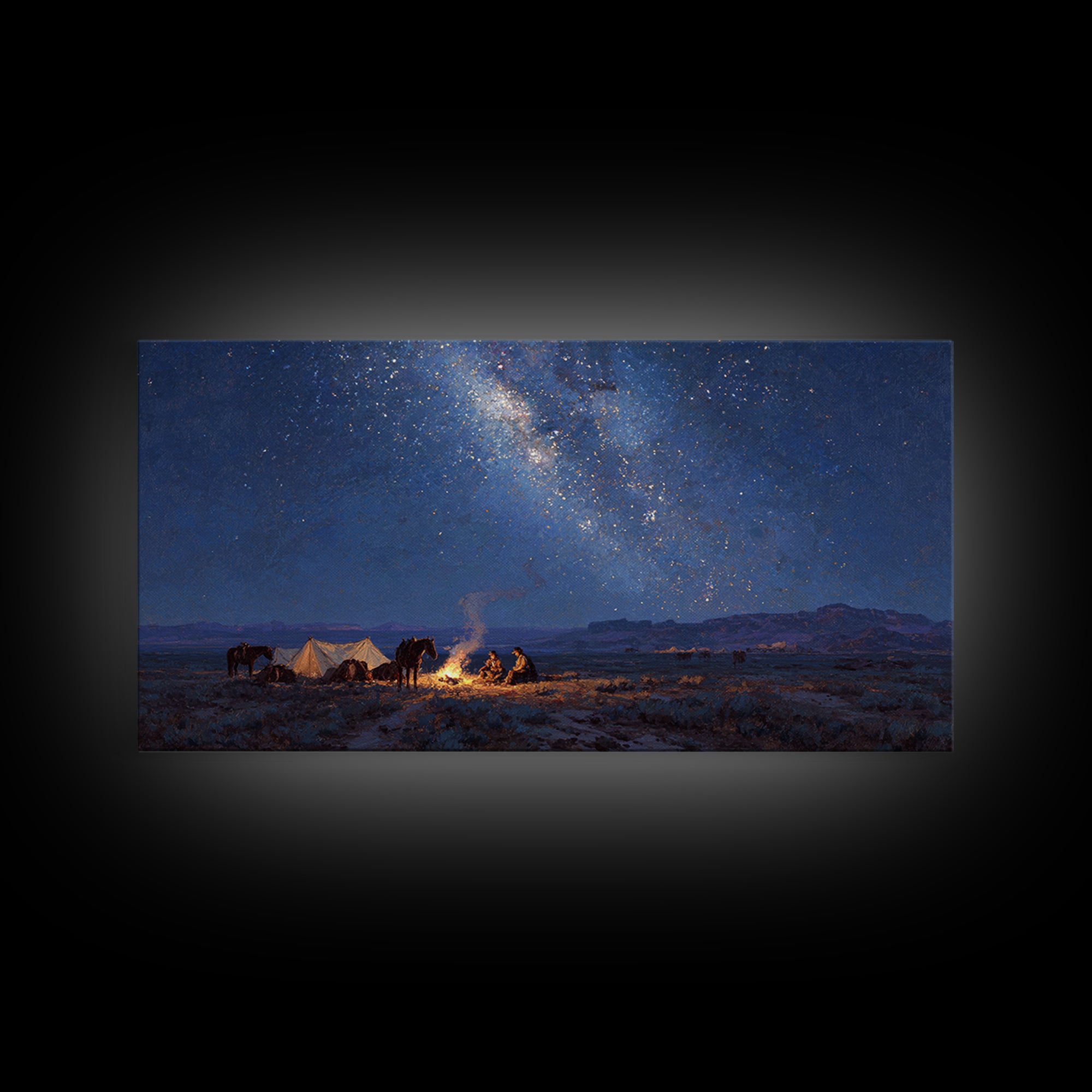 Western Night Landscape Painting With Campfire And Horses Under Starry Sky Wall Art
