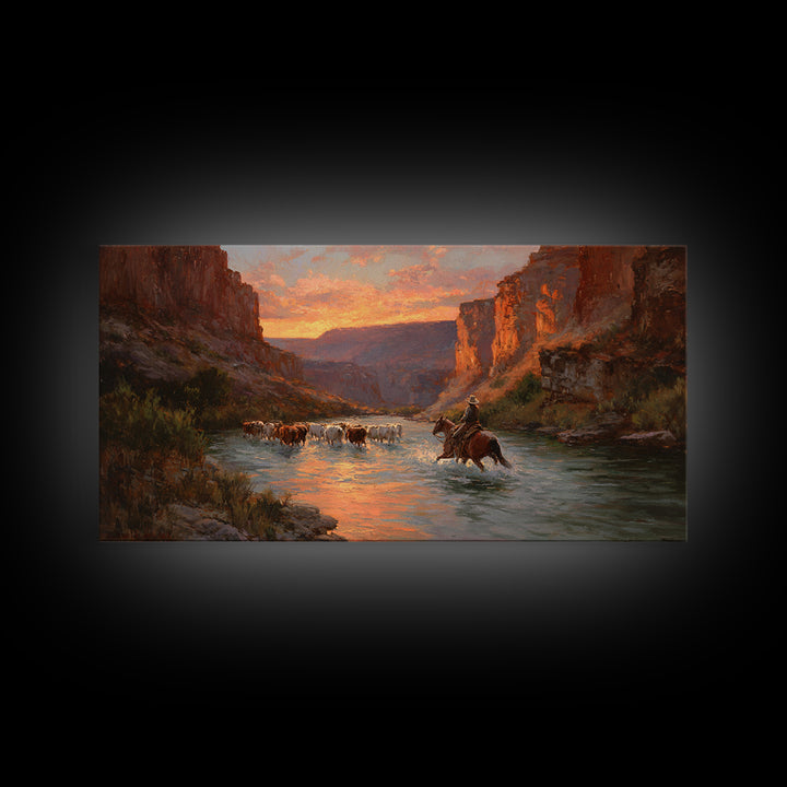 Peaceful Cowboy Herding Cattle At Sunset In Expansive Western Landscape Oil Painting Large Wall Art For Rustic Decor