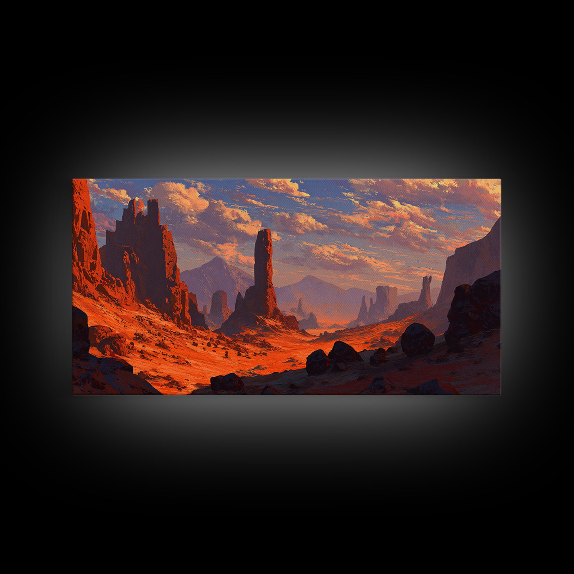 Dramatic Desert Landscape With Rocky Formations And Warm Sunset Sky Fine Art Wall Art Framed Canvas Print