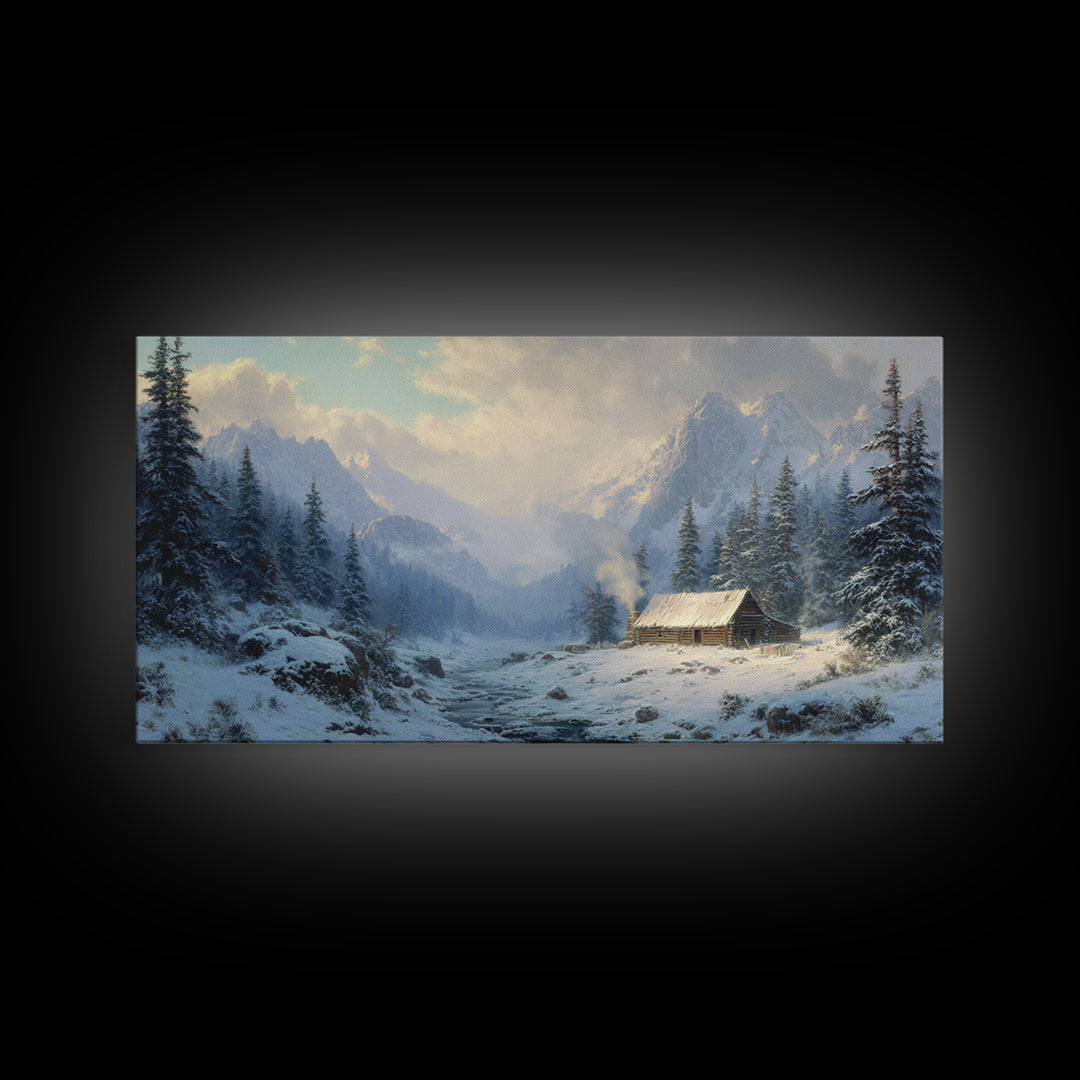 Classic Winter Cabin In Snowy Mountain Landscape Wall Art Framed Canvas Print Rustc Lodge Decor Cabin Wall Art Gift For Men