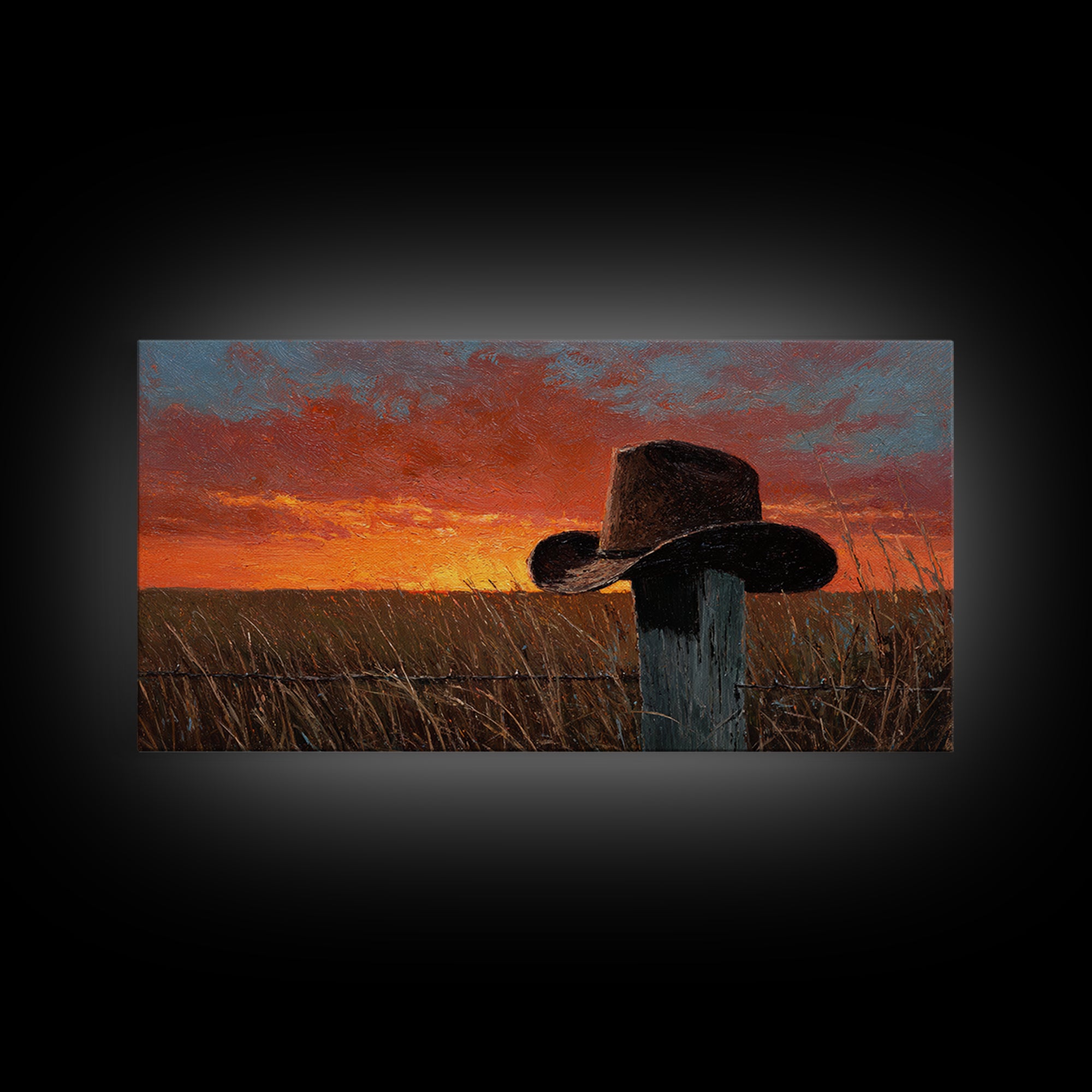 Rustic Country Sunset Landscape Painting Wall Art, Farmhouse Home Decor, Western Style Original Oil Painting On Canvas Print