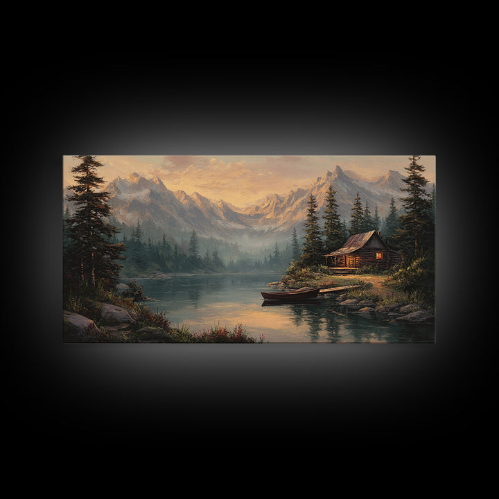 Peaceful Lake Cabin Landscape Canvas Print Quiet Rustic Wall Art Home Decor Tranquil Nature Scene