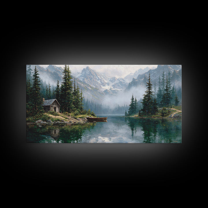 Serene Lake And Mountain Landscape Painting Canvas Print Large Wall Art Rustic Home Decor Nature Wall Art Framed Canvas Print