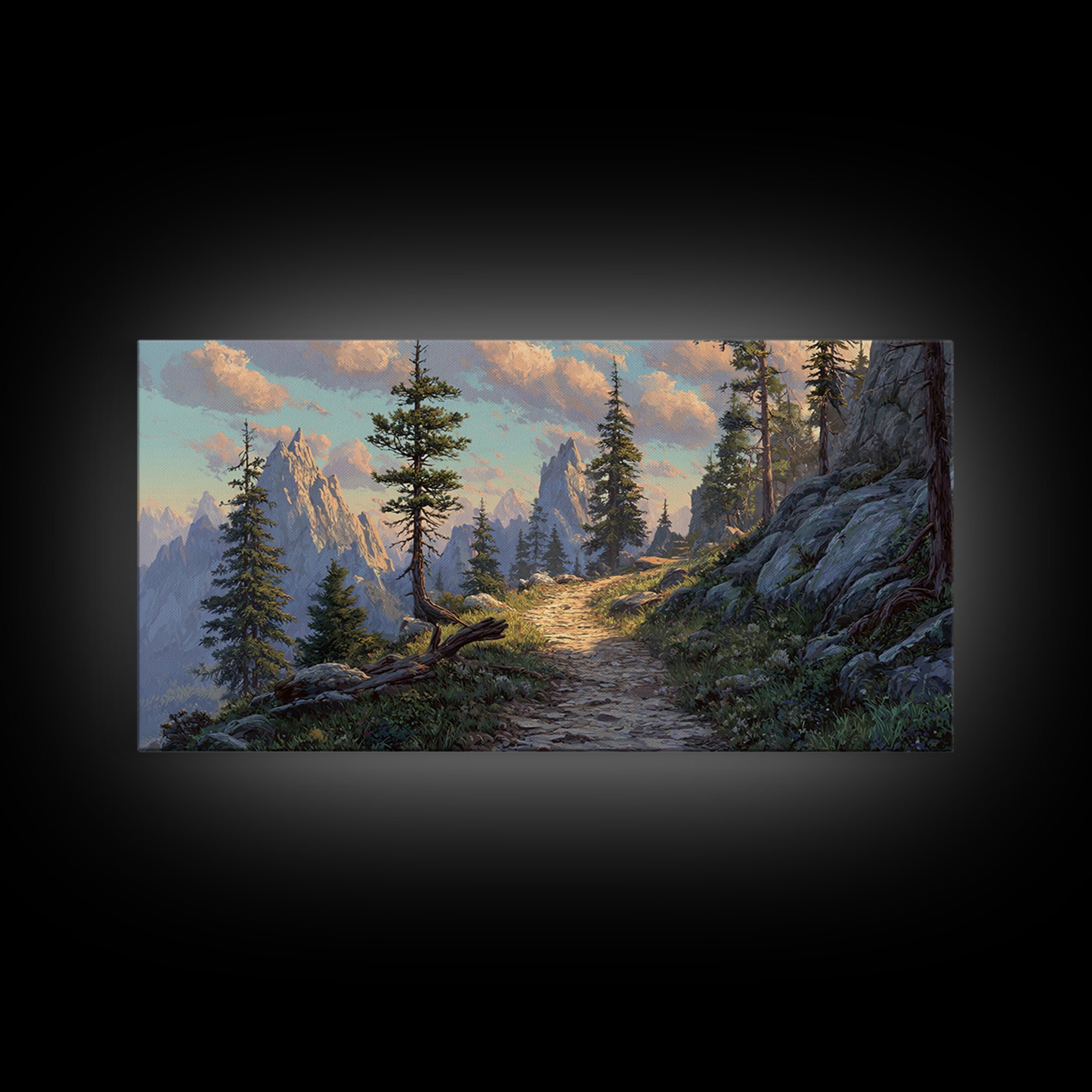 Mountain Landscape With Pine Trees And Rocky Path Scenic Nature Wall Art Framed Canvas Print For Living Room Decor