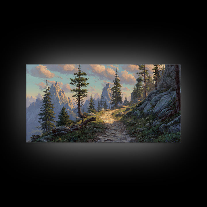 Mountain Landscape With Pine Trees And Rocky Path Scenic Nature Wall Art Framed Canvas Print For Living Room Decor