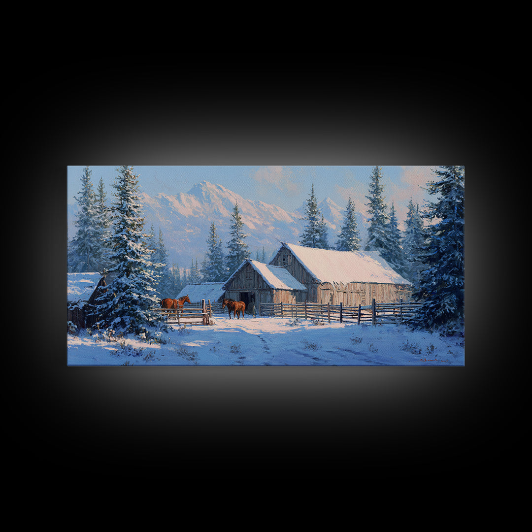 Charming Snowy Barn Winter Landscape Oil Painting Wall Art Framed Canvas Print Rustic Home Decor Cabin Living Room Art Print