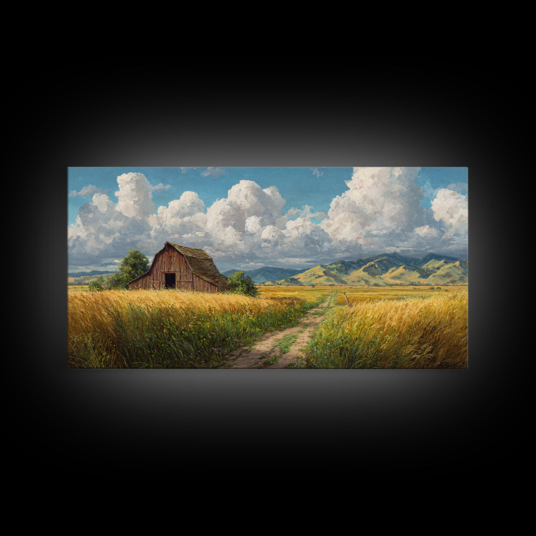 Classic Country Barn in Golden Autumn Field With Mountain Backdrop Oil Painting Canvas Print Wall Art for Rustic Home Decor