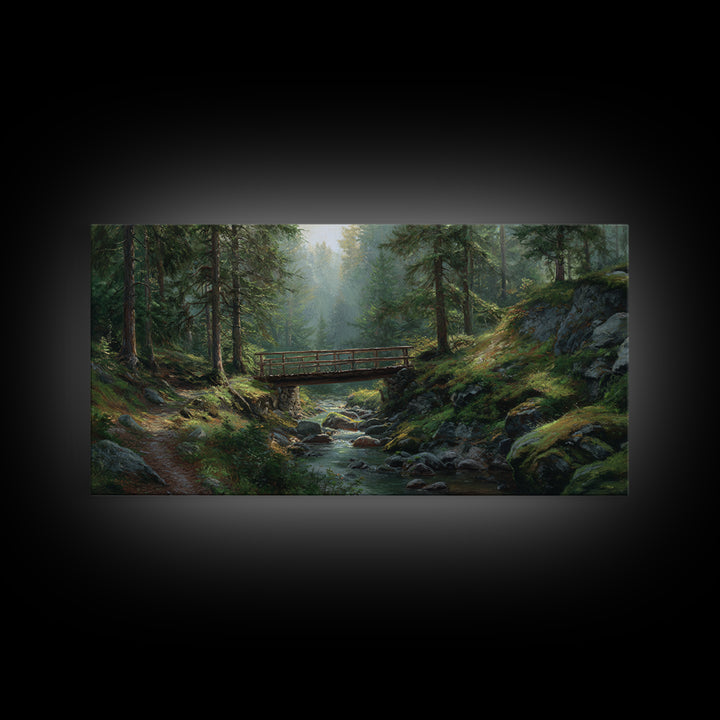Peaceful Forest Stream Scenic Landscape Painting Large Wall Art Framed Canvas Print Rustic Nature Wall Decor For Living Room Bedroom