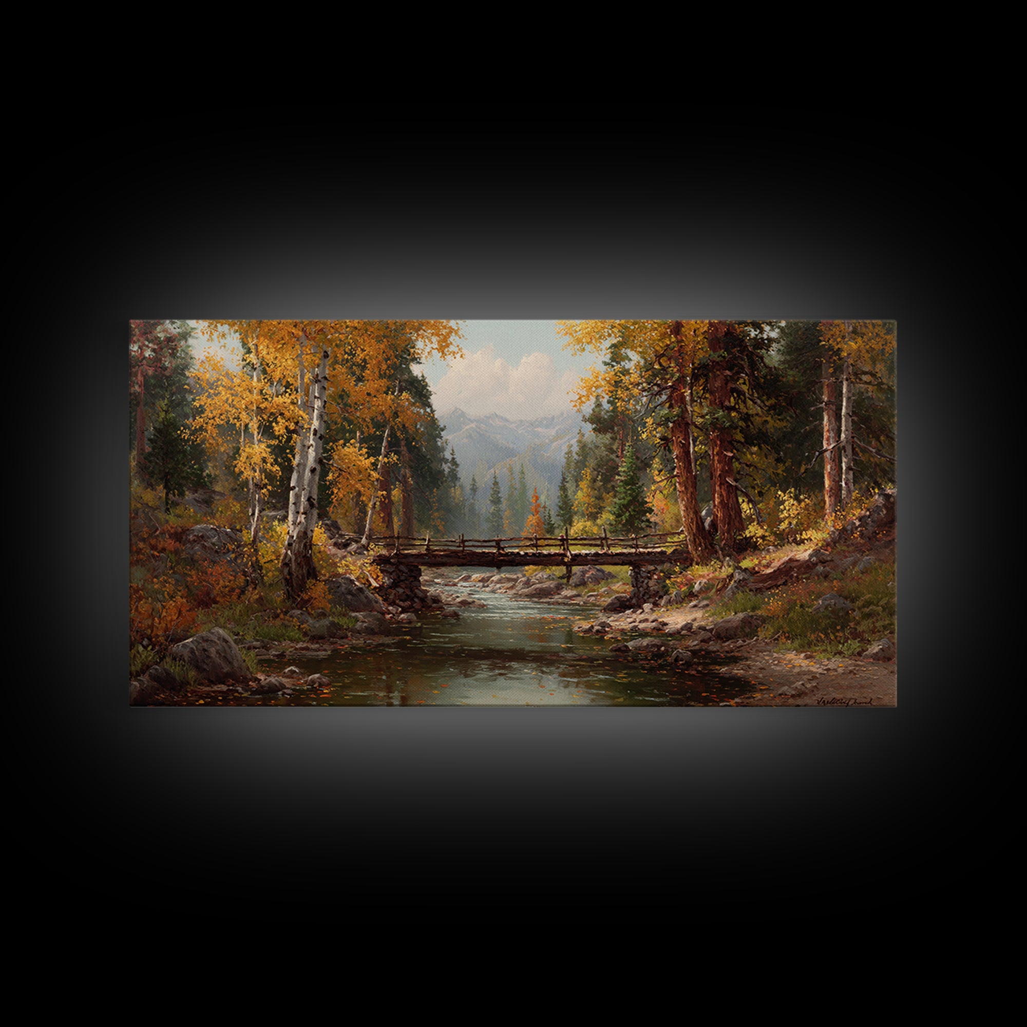 Peaceful Autumn Forest Landscape With Creek And Wooden Bridge Oil Painting Wall Art Framed Canvas Print
