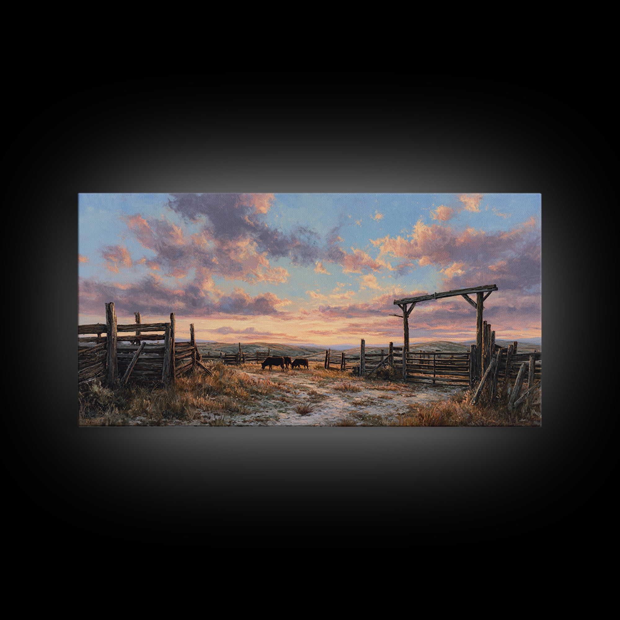 Rustic Western Ranch Sunset Landscape Painting Of Horses Grazing At Dusk Framed Canvas Print For Modern Wall Art And Home Decor