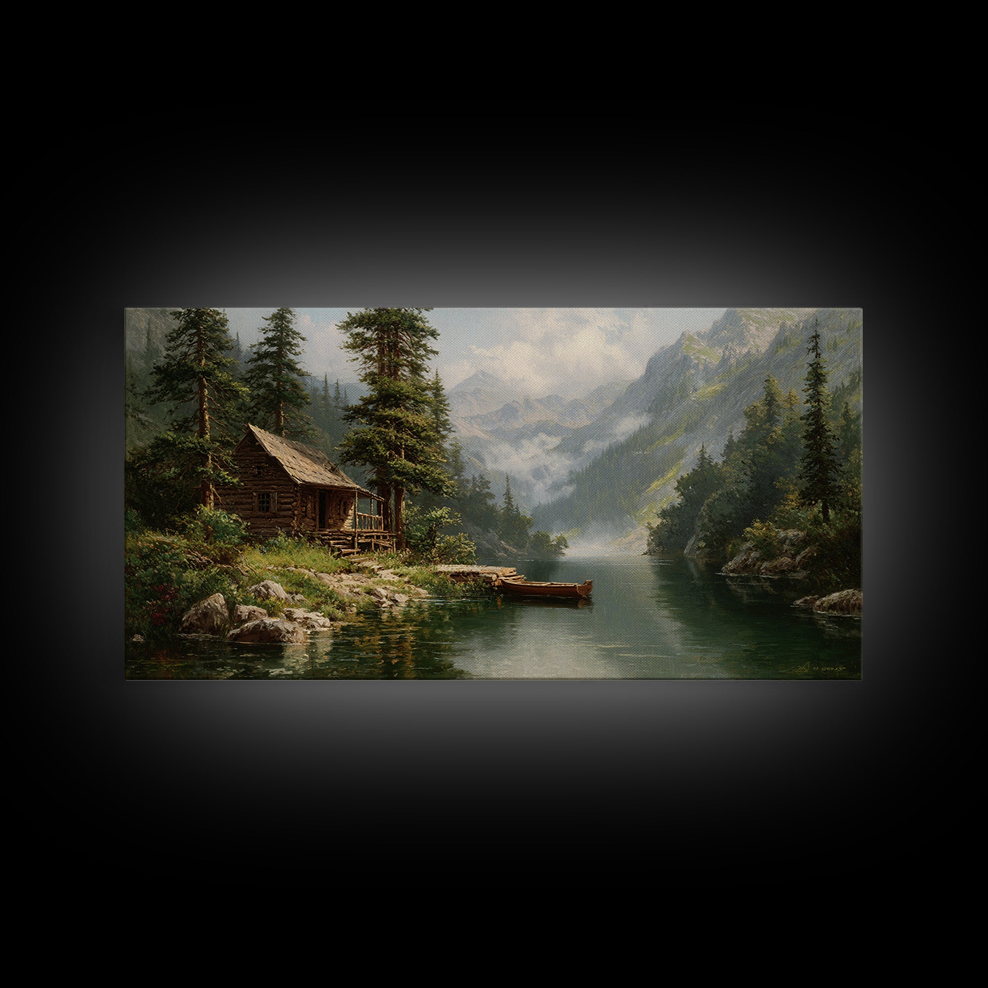 Peaceful Riverside Cabin Landscape Painting Wall Art Framed Canvas Print Rustic Home Decor Large Art Print