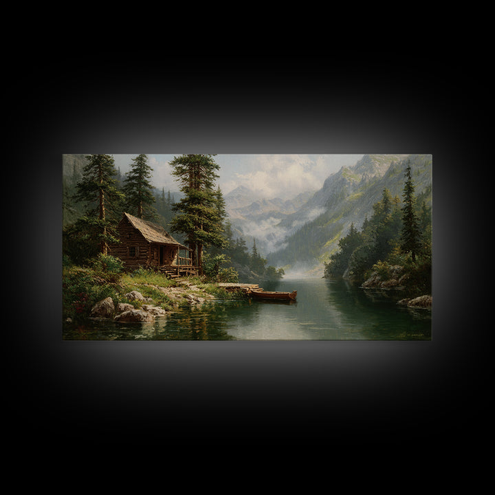 Peaceful Riverside Cabin Landscape Painting Wall Art Framed Canvas Print Rustic Home Decor Large Art Print